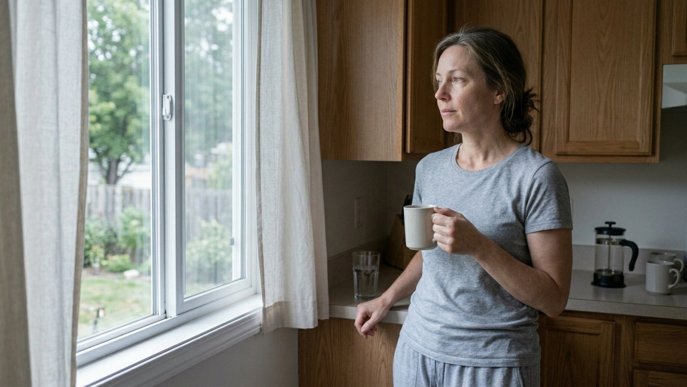 Kitchen morning, coffee in hand
