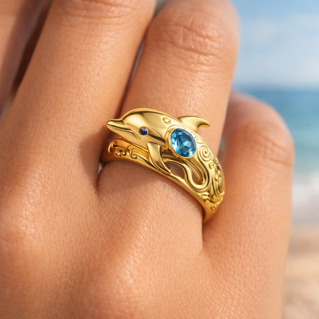 Blue Crystal Golden Dolphin Ring