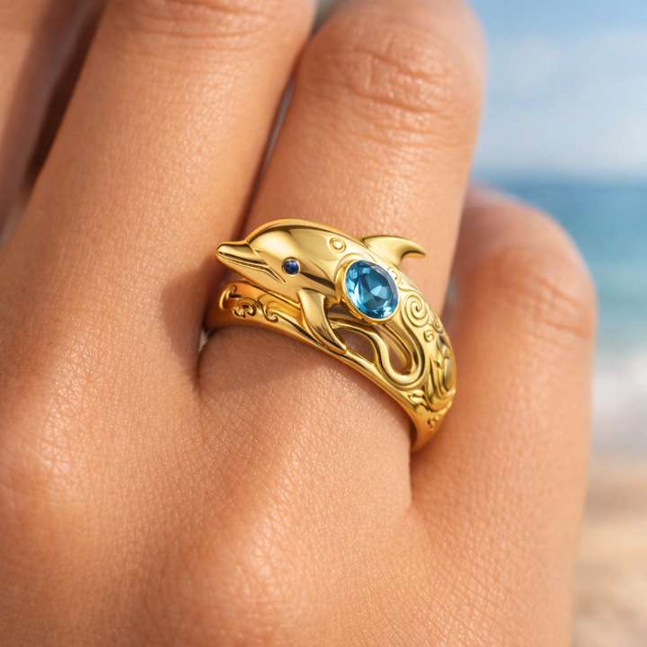 Blue Crystal Golden Dolphin Ring