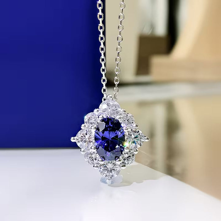 Oval Blue Crystal Starburst Necklace