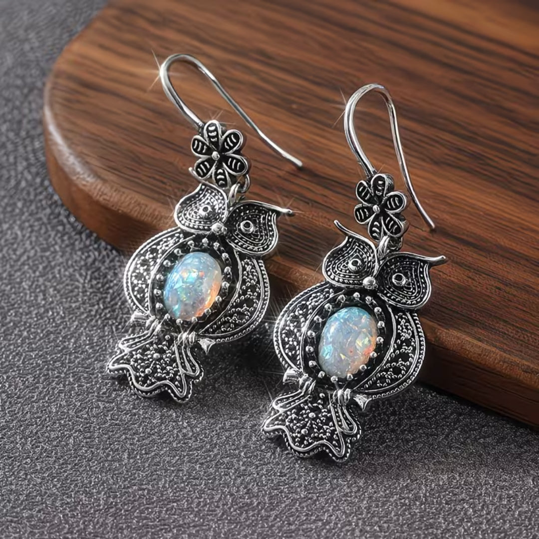 Vintage Owl Opal Drop Earrings