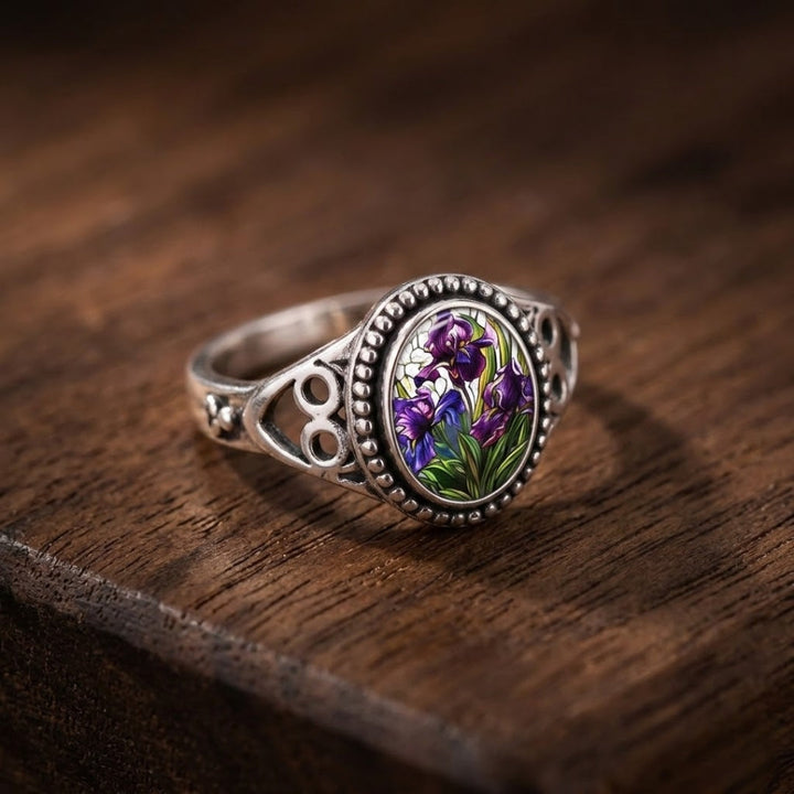 Purple Flower Seal Silver Ring
