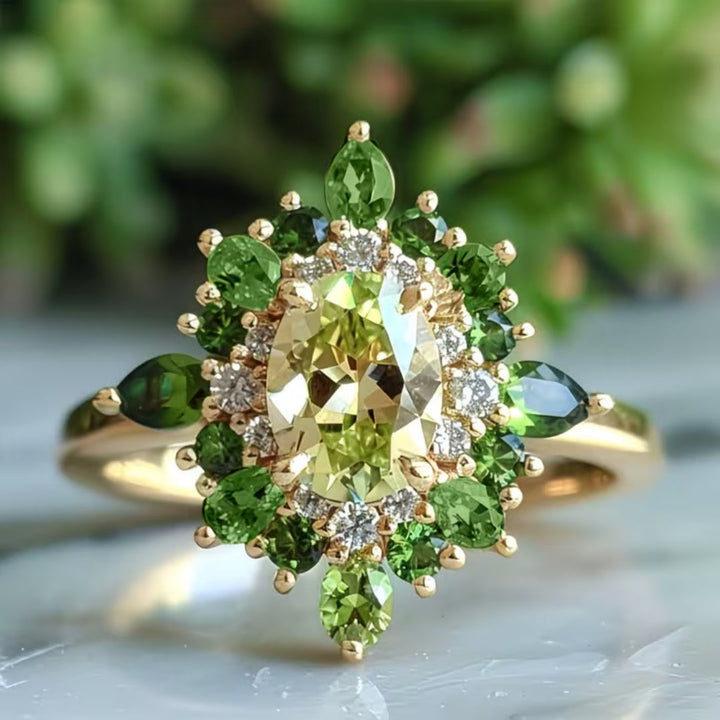 Vintage Oval Green Halo Ring