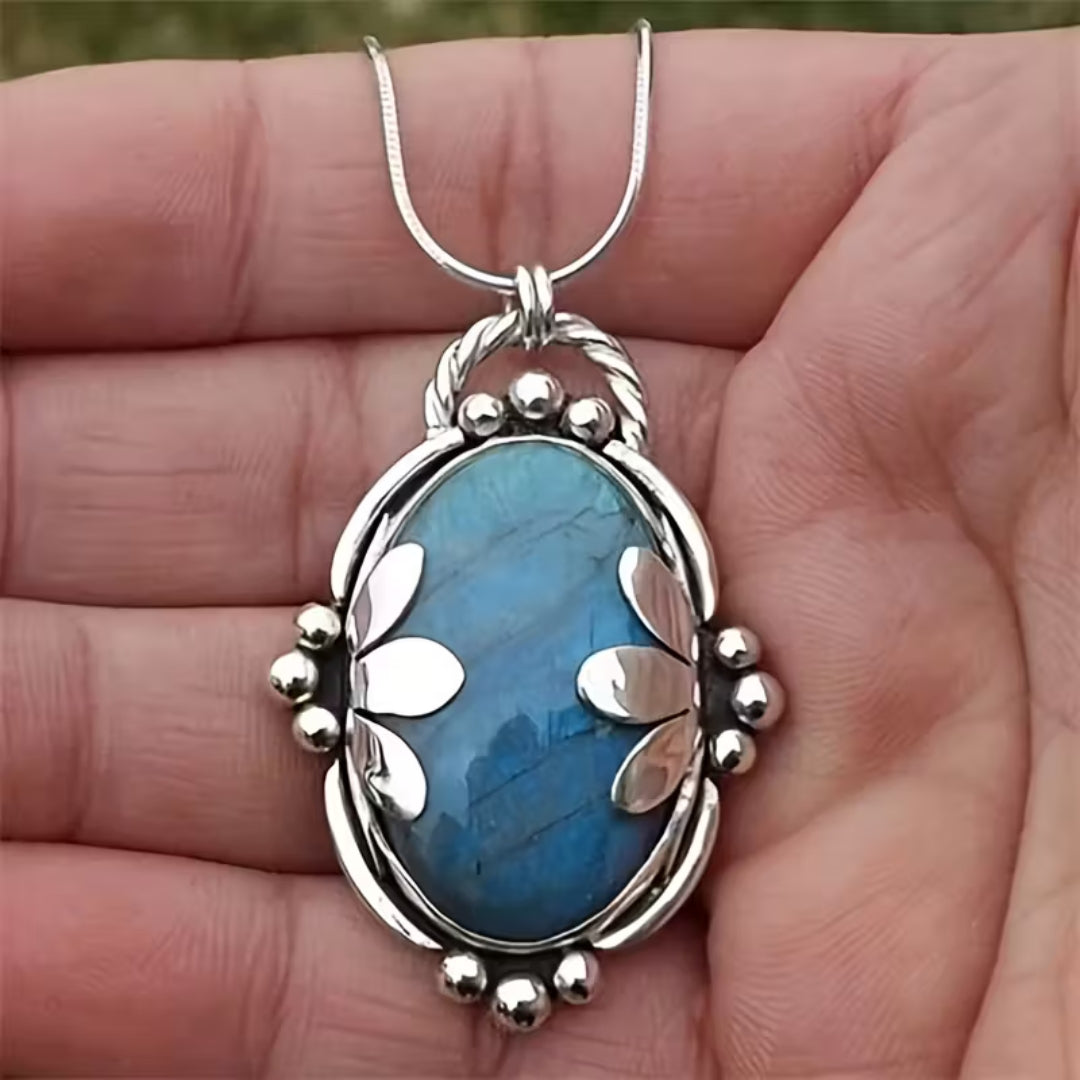 Vintage Silver Oval Blue Stone Necklace