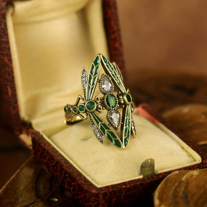 Antique Dragonfly Green Crystal Ring