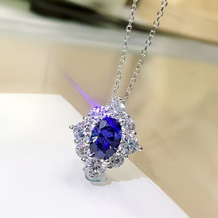 Oval Blue Crystal Starburst Necklace