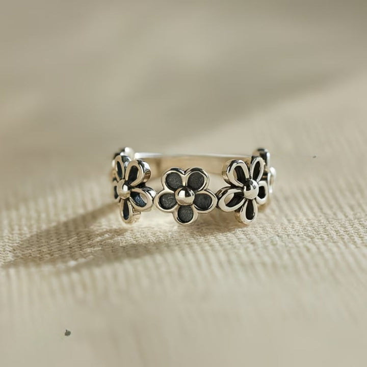 Dainty Oxidized Flower Band Ring