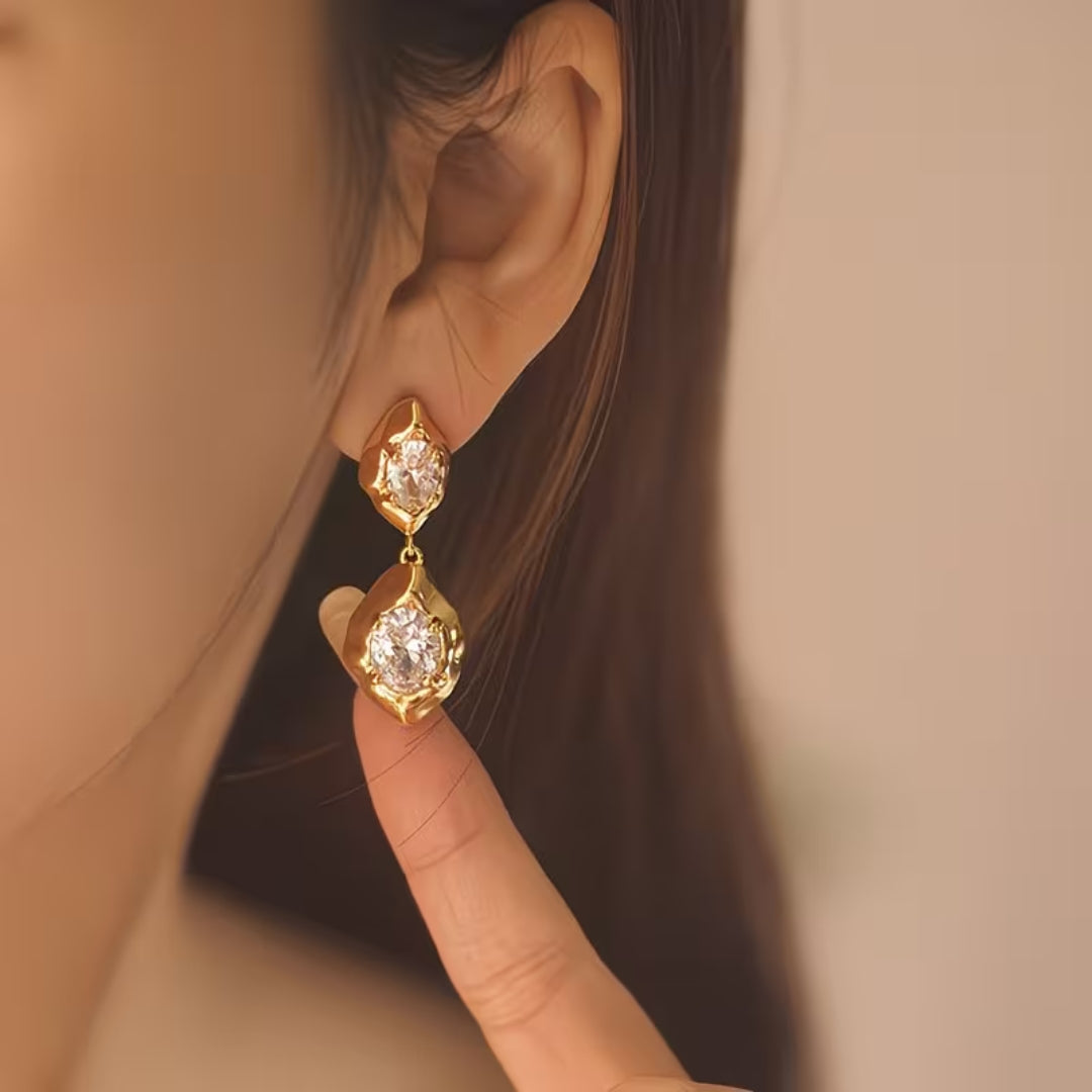 Gold Frame Crystal Drop Earrings