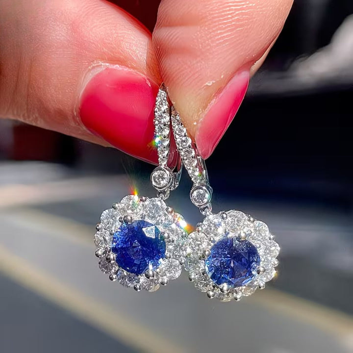 Classic Round Blue Halo Dangle Earrings