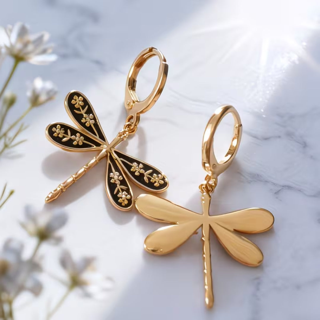 Gold Enamel Dragonfly Drop Earrings