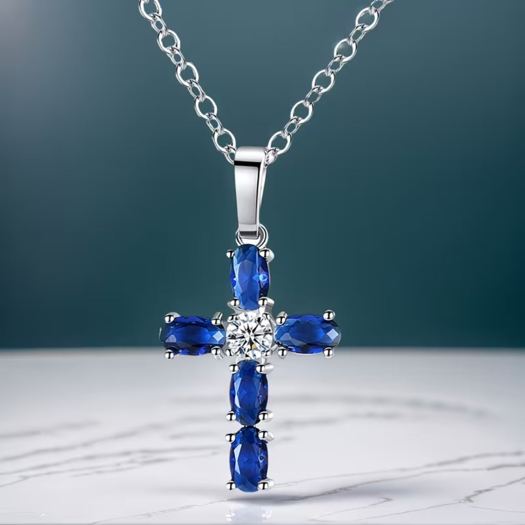 Sapphire Blue Cross Necklace