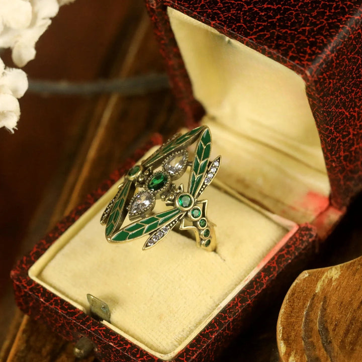 Antique Dragonfly Green Crystal Ring