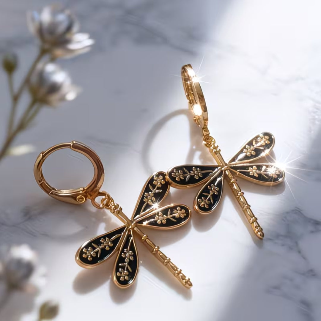 Gold Enamel Dragonfly Drop Earrings