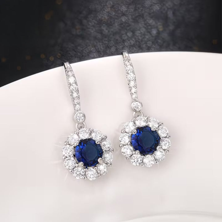 Classic Round Blue Halo Dangle Earrings
