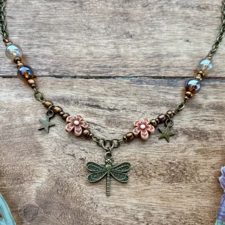 Antique Bronze Dragonfly Beaded Necklace