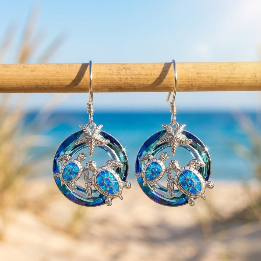 Blue Ocean Turtle Hoop Earrings