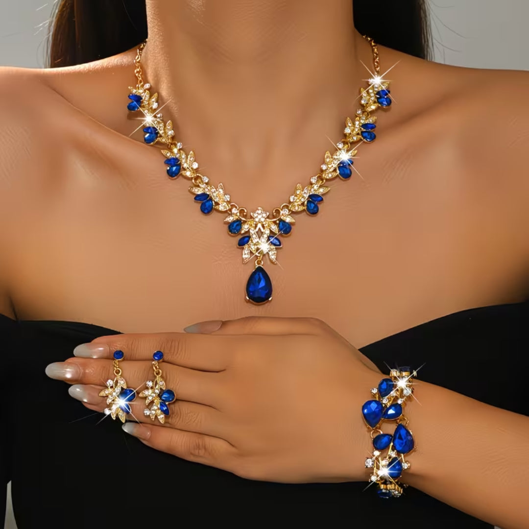 Blue Crystal Floral Jewelry Set
