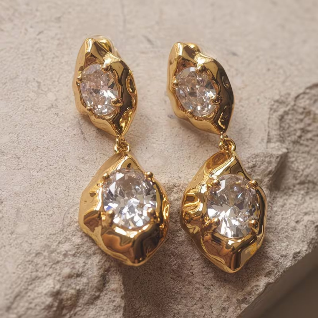 Gold Frame Crystal Drop Earrings