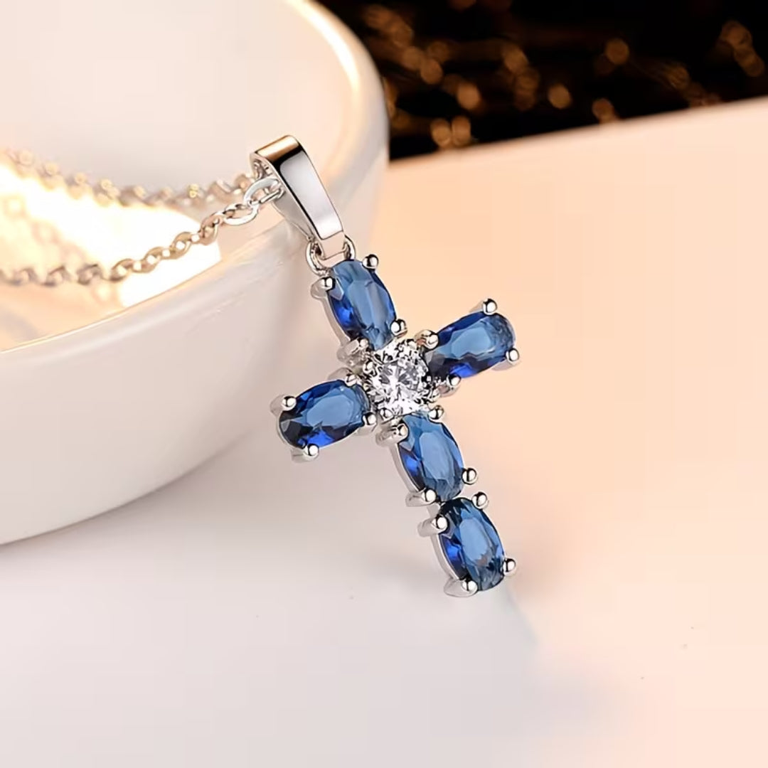 Sapphire Blue Cross Necklace