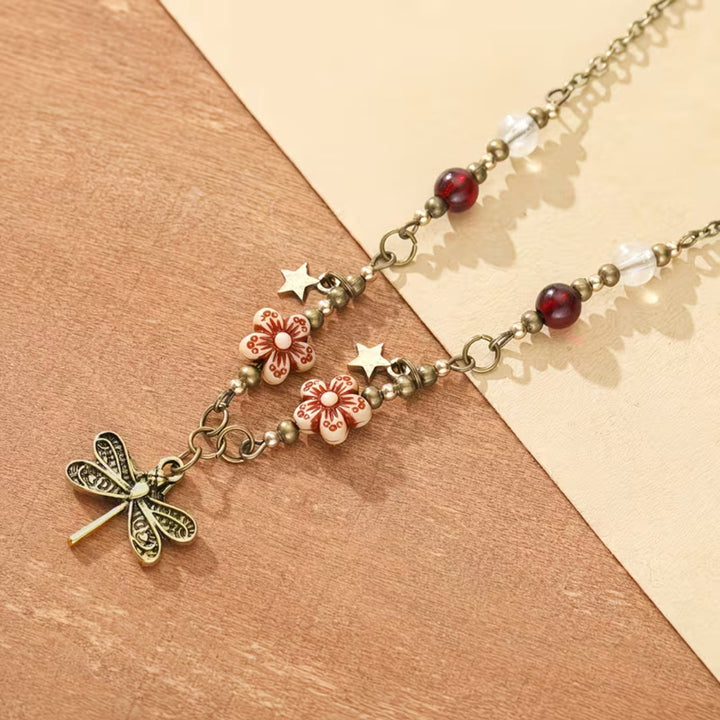 Antique Bronze Dragonfly Beaded Necklace