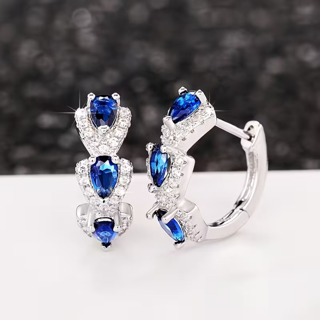 Triple Teardrop Blue Hoop Earrings