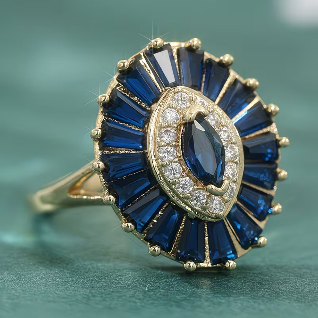 Baguette Halo Sapphire Blue Ring
