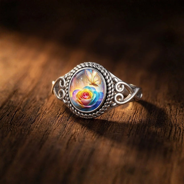Rainbow Rose Silver Ring