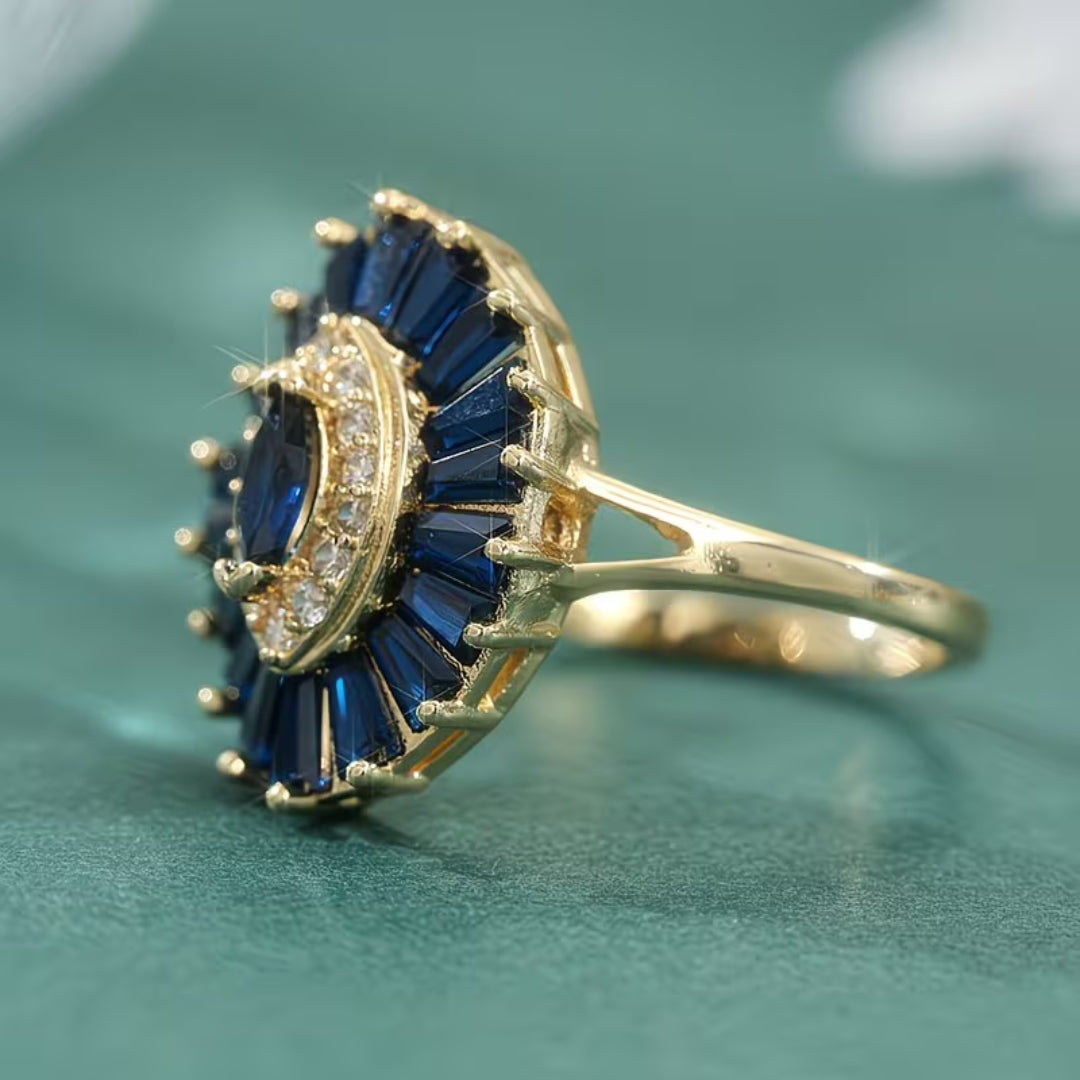 Baguette Halo Sapphire Blue Ring