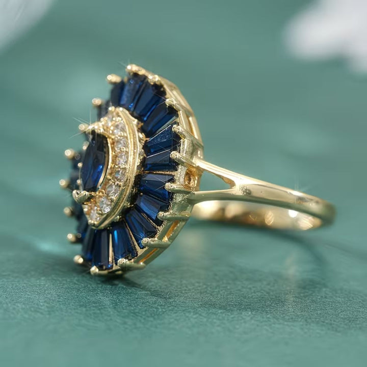 Baguette Halo Sapphire Blue Ring