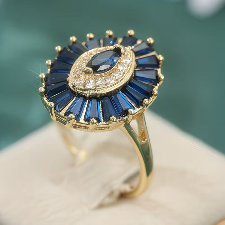 Baguette Halo Sapphire Blue Ring