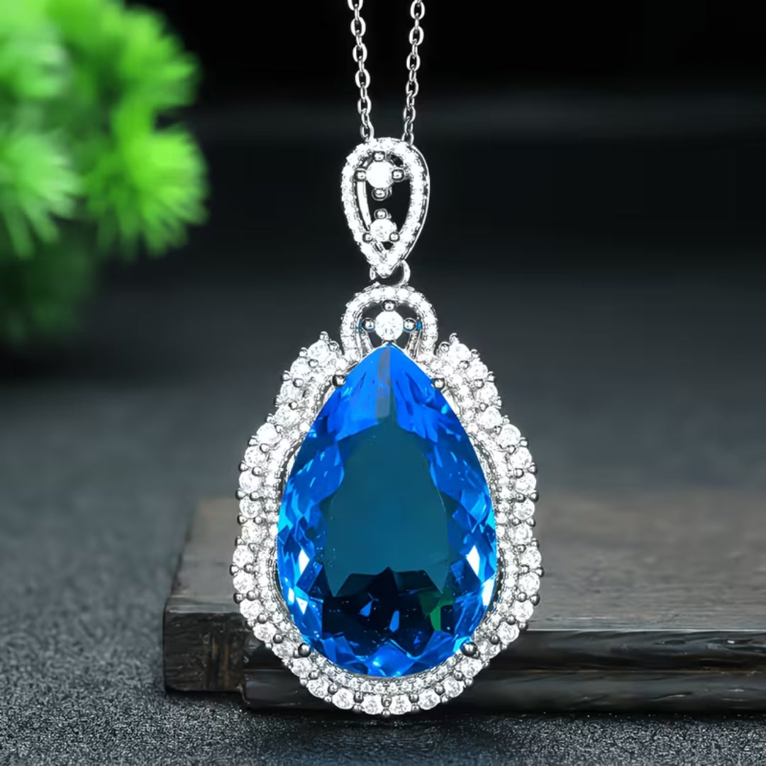 Oversized Blue Teardrop Halo Pendant Necklace