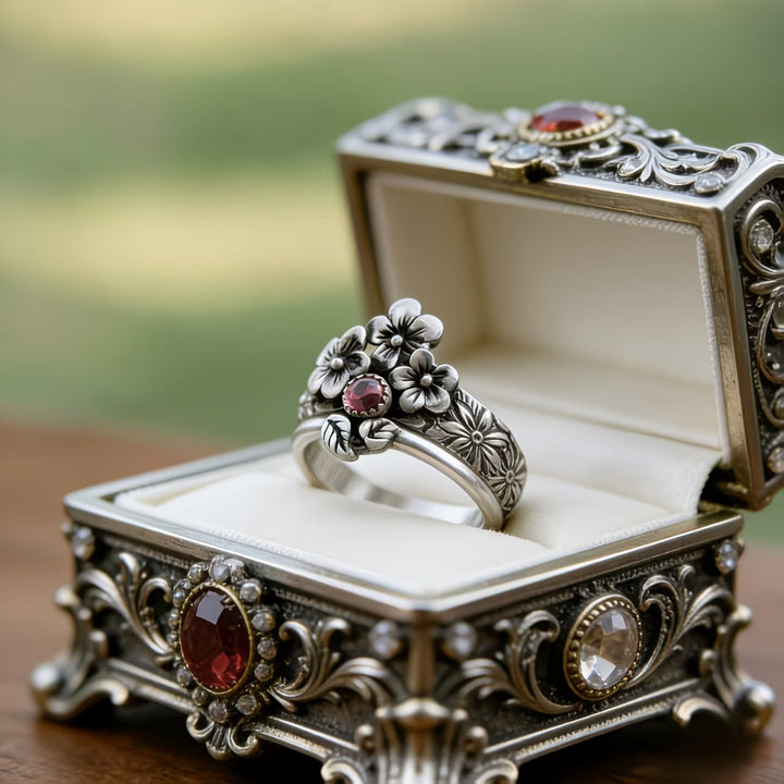 Antique Floral Ruby Red Ring