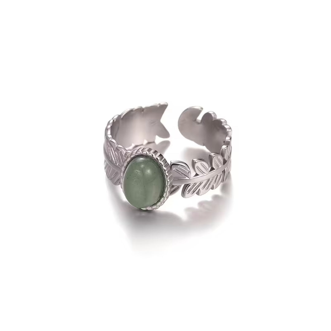 Silver Leaf Band Green Stone Ring