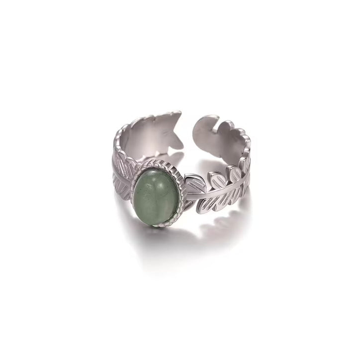 Silver Leaf Band Green Stone Ring