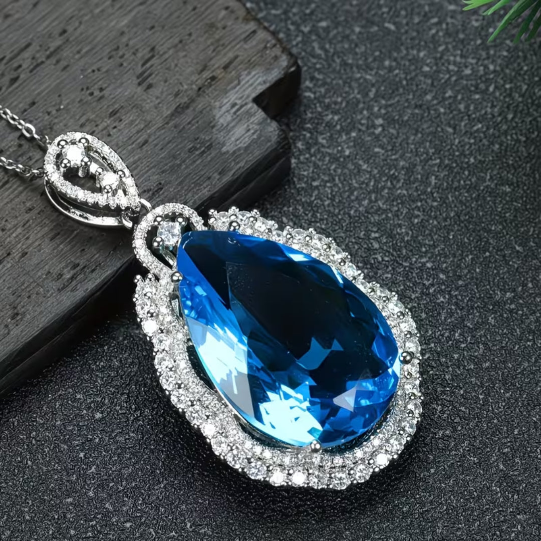 Oversized Blue Teardrop Halo Pendant Necklace