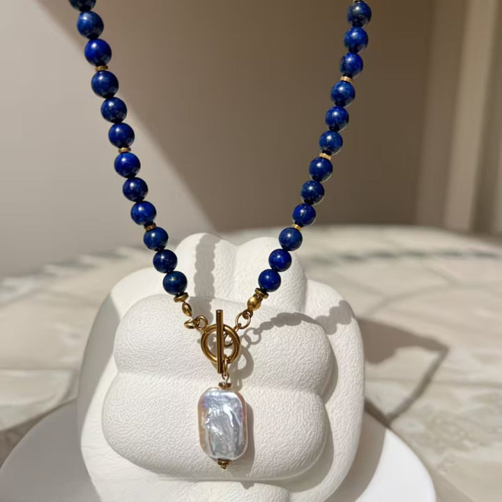 Lapis Beaded Baroque Pearl Toggle Necklace