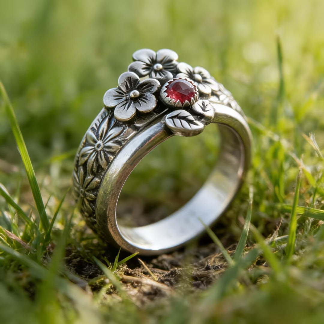 Antique Floral Ruby Red Ring