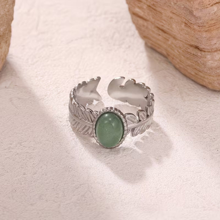 Silver Leaf Band Green Stone Ring