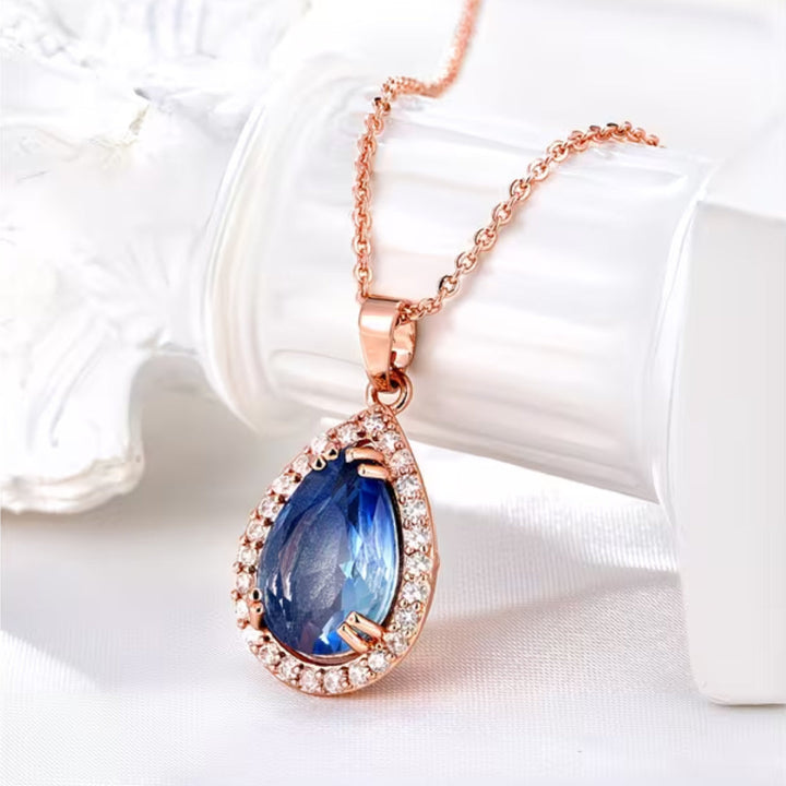 Rose Gold Blue Teardrop Halo Necklace