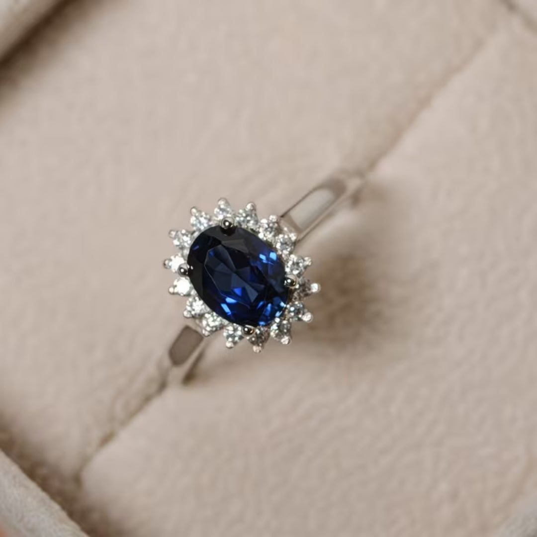 Oval Sapphire Blue Halo Ring