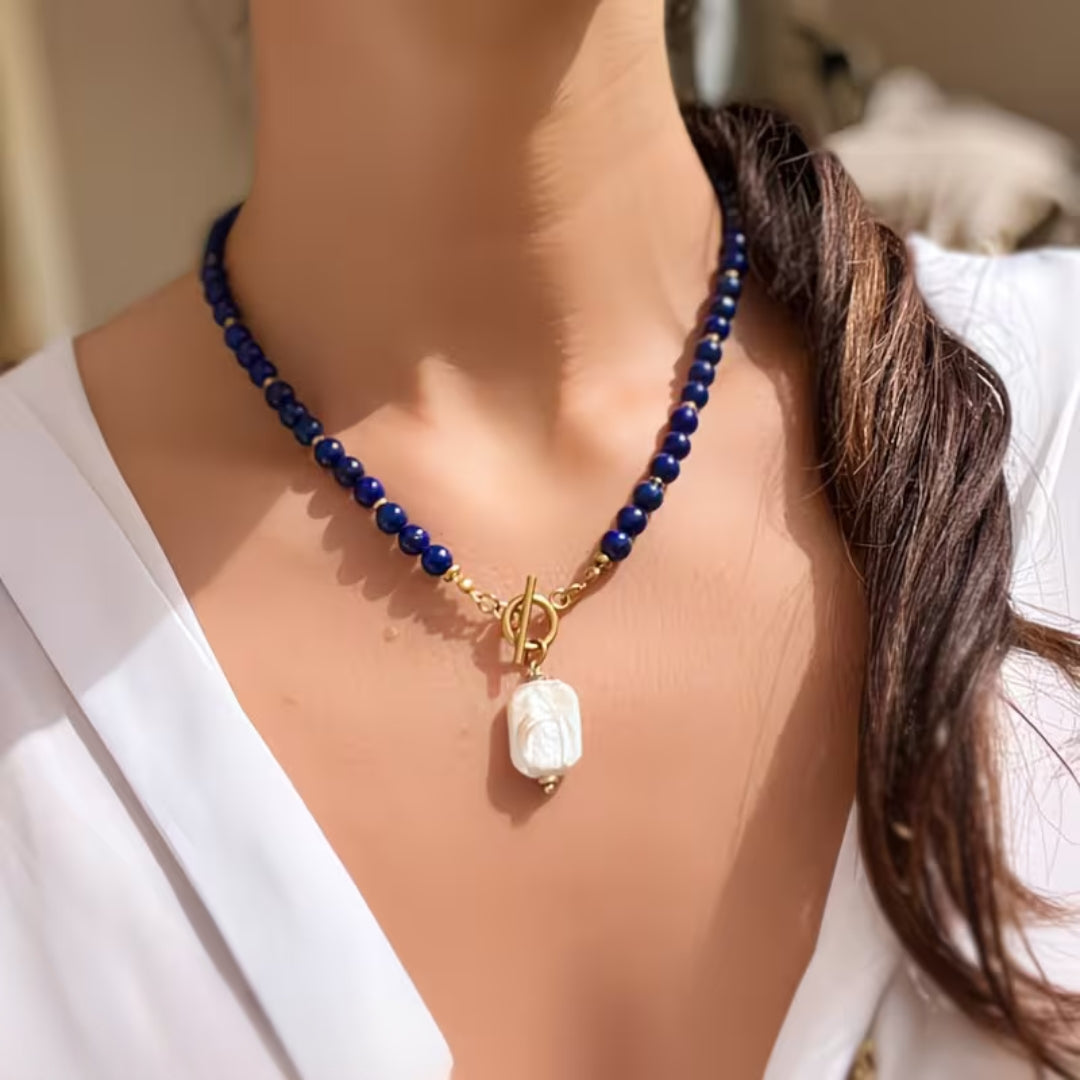 Lapis Beaded Baroque Pearl Toggle Necklace