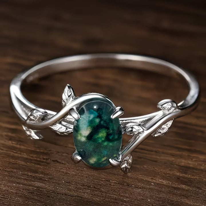 Elegant Silver Vine Green Stone Ring