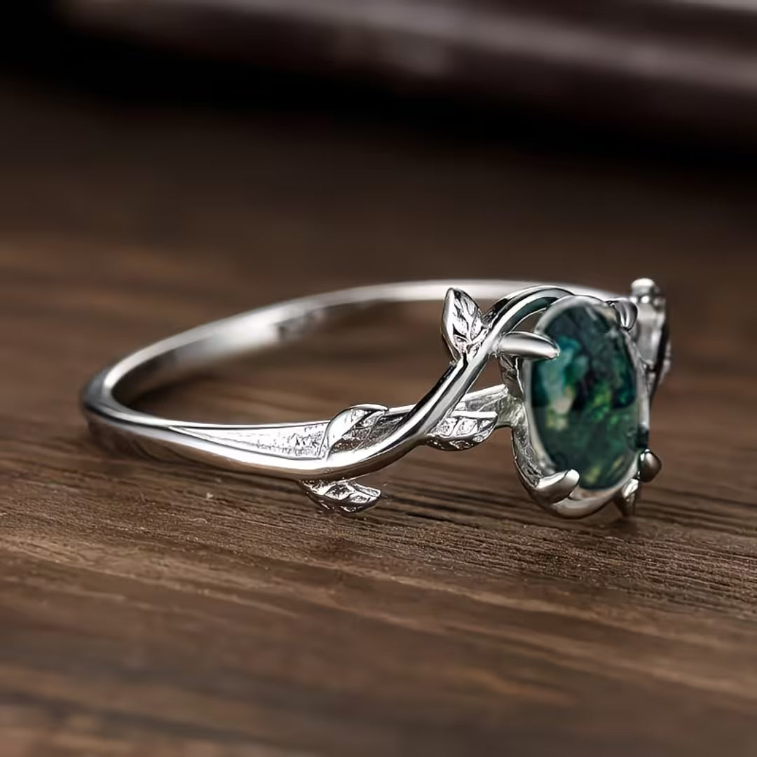 Elegant Silver Vine Green Stone Ring