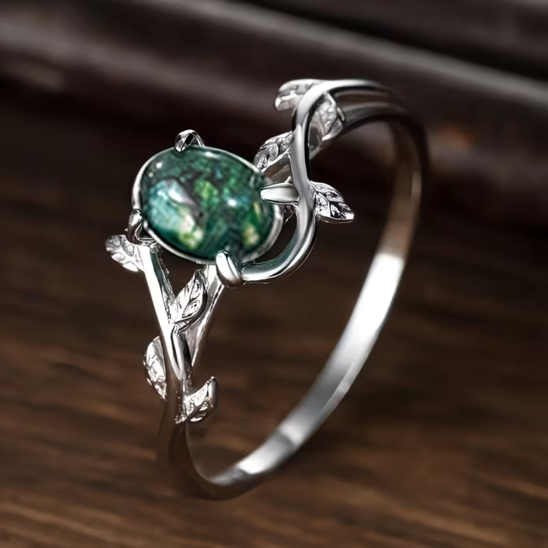 Elegant Silver Vine Green Stone Ring