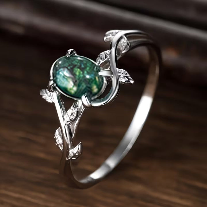Elegant Silver Vine Green Stone Ring