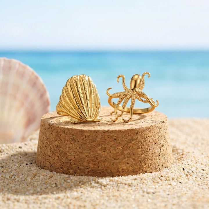Adjustable Shell &amp; Octopus Golden Ring Set