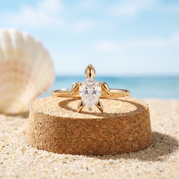 White Crystal Turtle Gold Ring