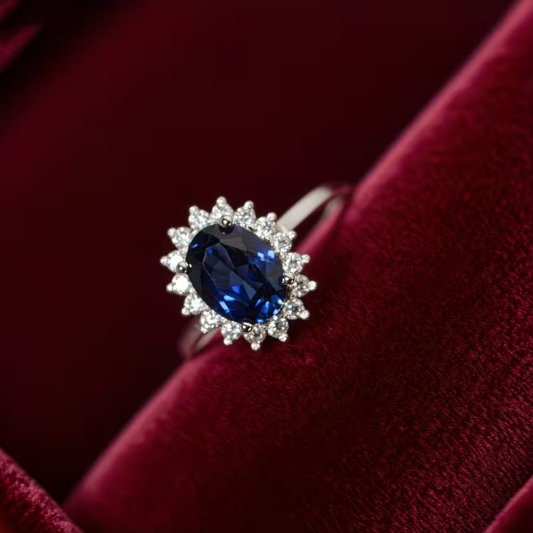 Oval Sapphire Blue Halo Ring