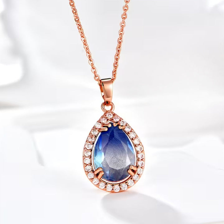 Rose Gold Blue Teardrop Halo Necklace