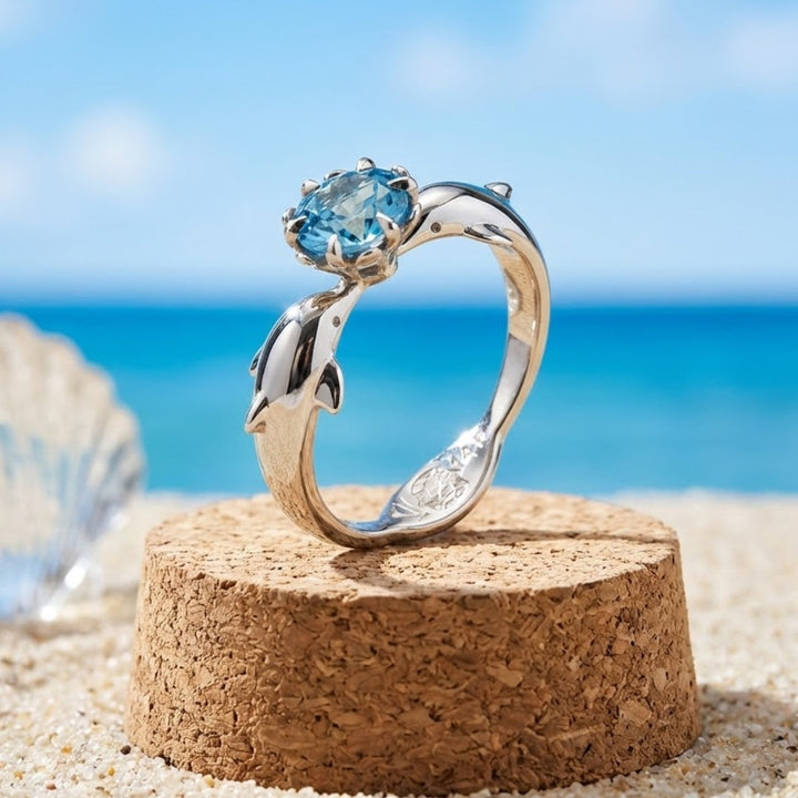 Blue Crystal Silver Dolphin Ring